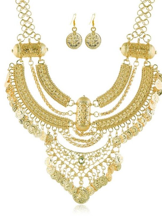 080 Antique Golden Vintage Coin Necklace with Crescent Moon Tassel & Earrings - Picture 1 of 1